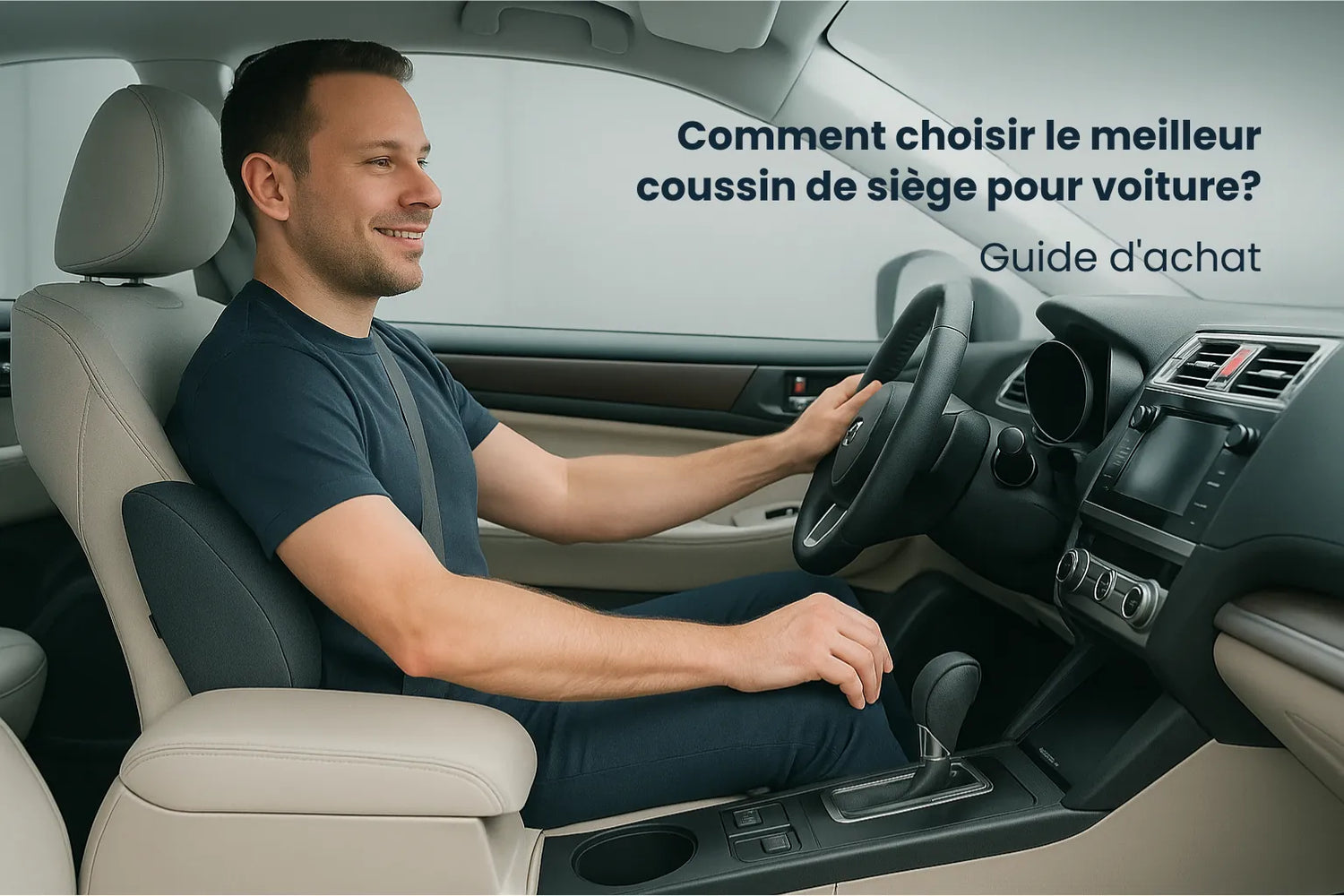 Homme assis au volant d’une voiture utilisant un coussin ergonomique pour améliorer le confort de conduite