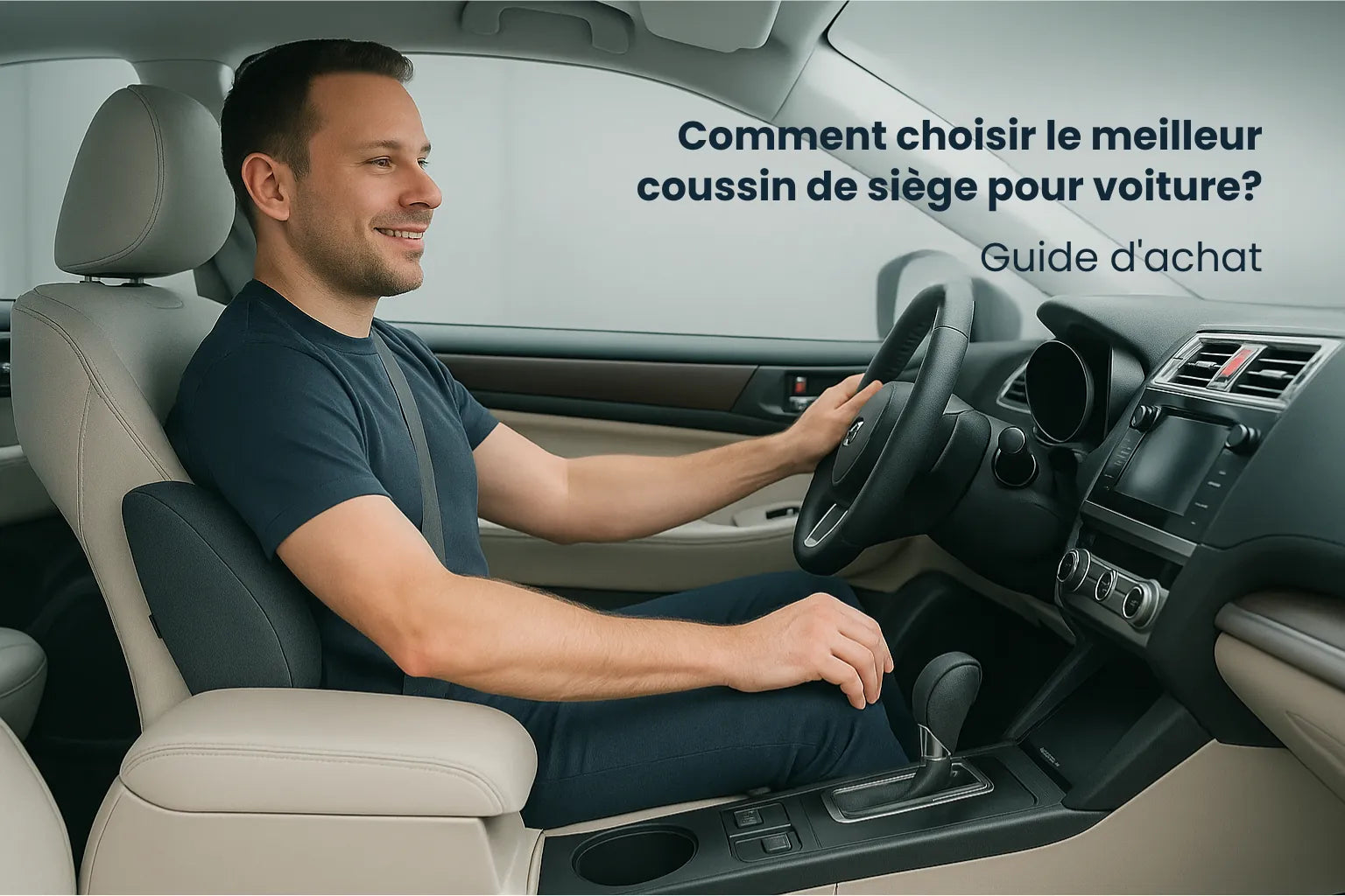 Homme assis au volant d’une voiture utilisant un coussin ergonomique pour améliorer le confort de conduite