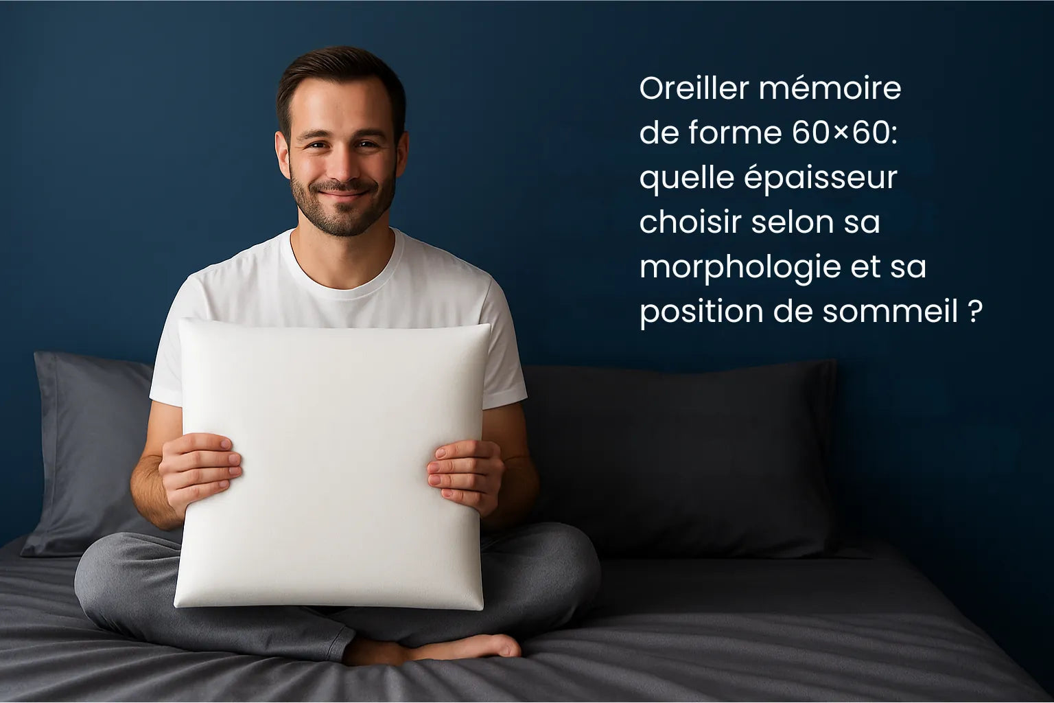Homme assis sur un lit tenant un oreiller mémoire de forme 60×60 plat et ferme, présenté dans une bannière informative sur l’épaisseur idéale selon la morphologie