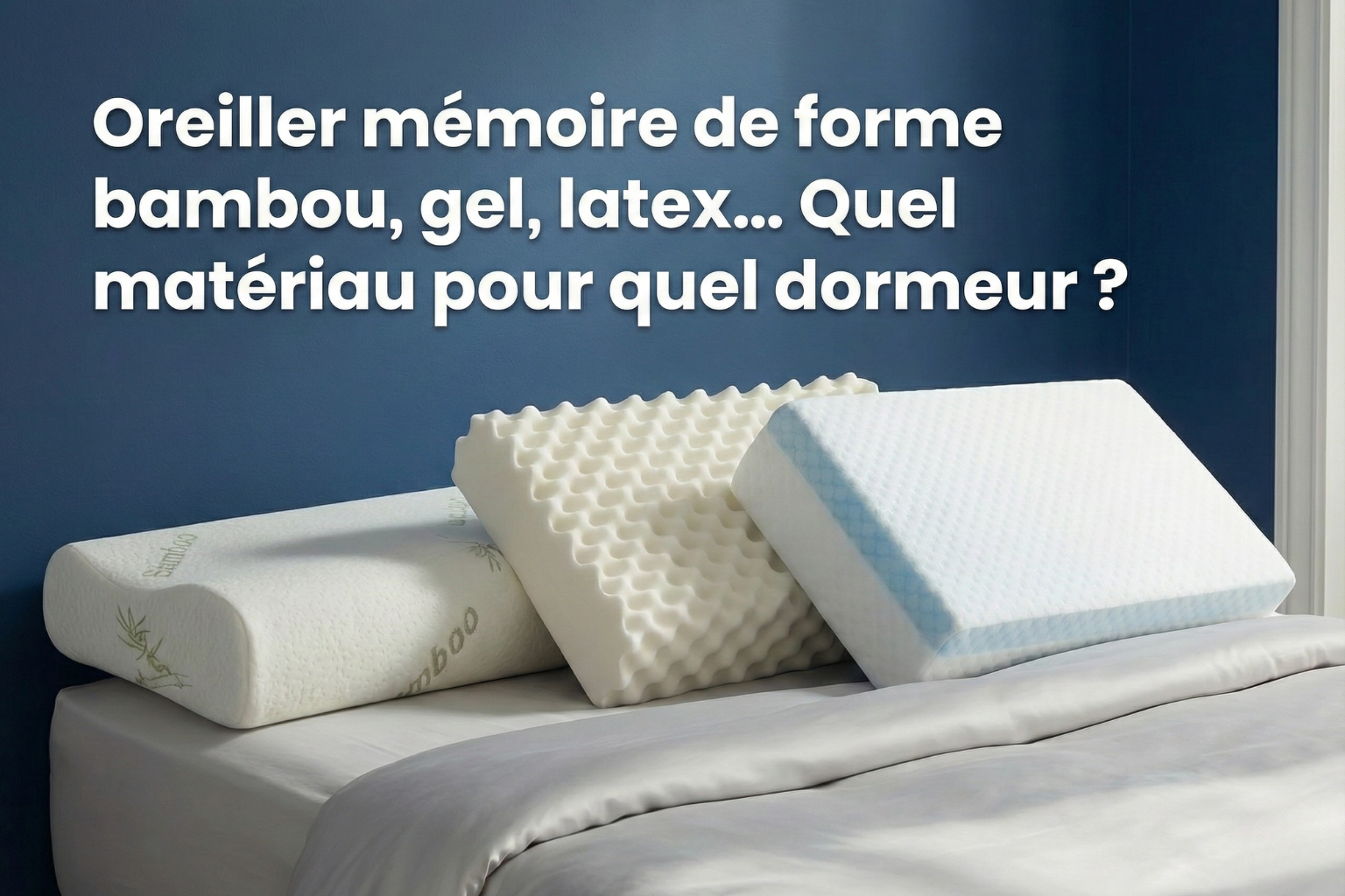 Bannière montrant différents oreillers en bambou, gel et latex pour expliquer quel matériau convient à chaque type de dormeur.