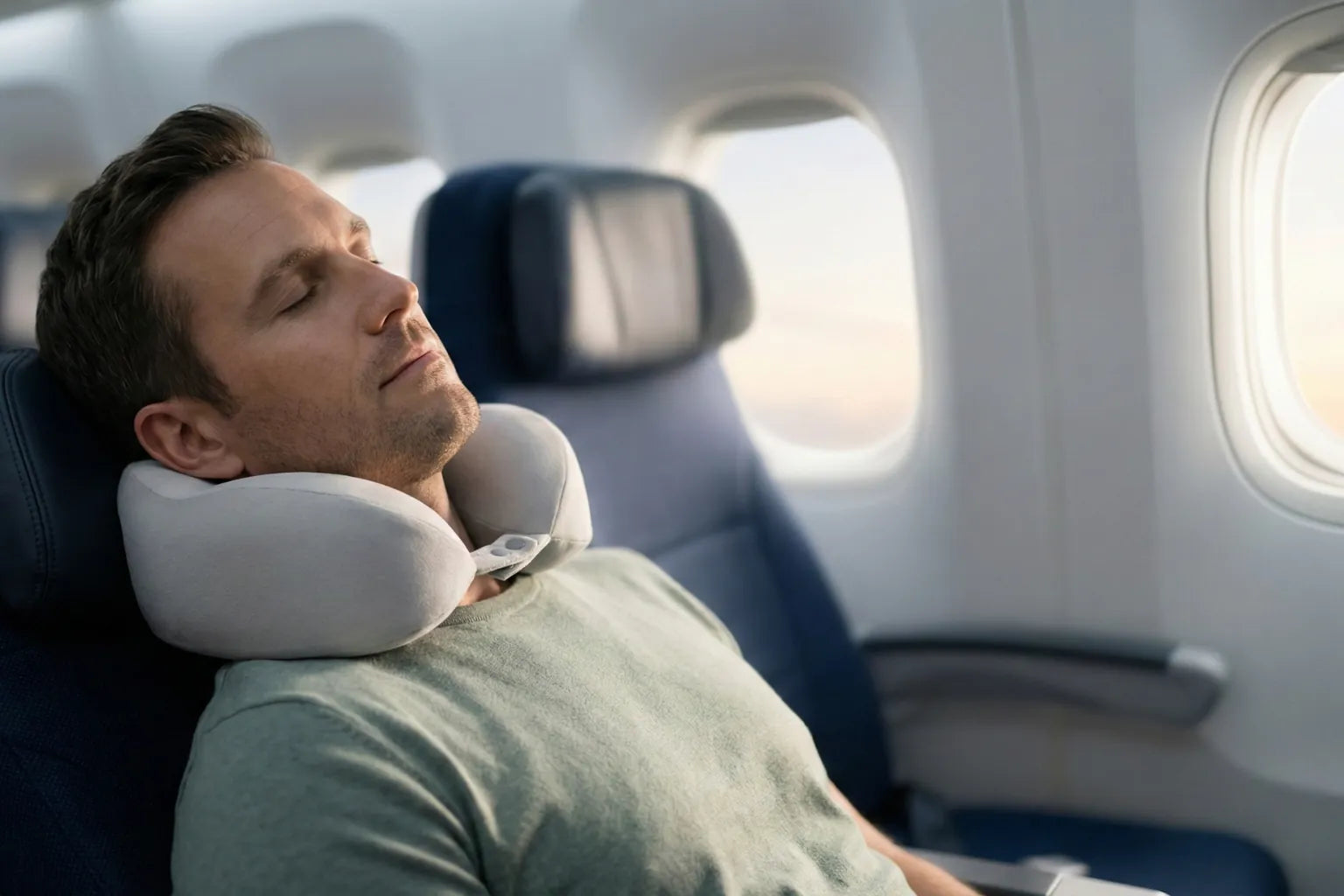 Homme dormant confortablement en avion avec un oreiller cervical de voyage bien positionné autour de la nuque