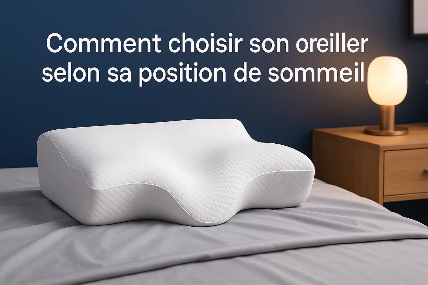 Oreiller ergonomique blanc en mousse mémoire de forme, modèle cervical ondulé, posé sur un drap gris dans une ambiance premium