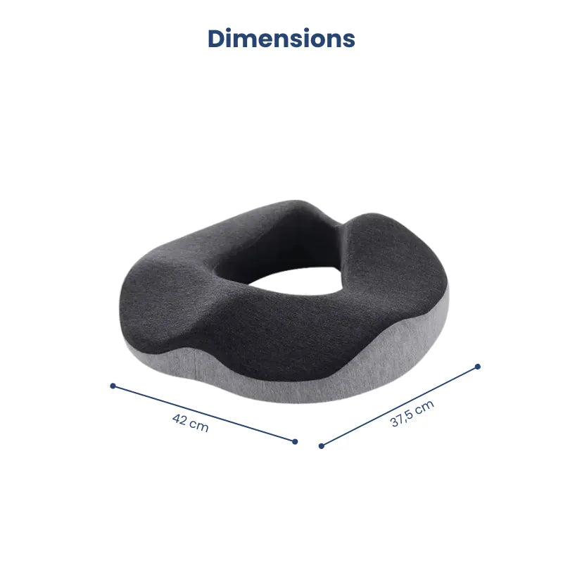 Dimensions du coussin ergonomique noir et gris, présenté en vue supérieure avec indication des mesures