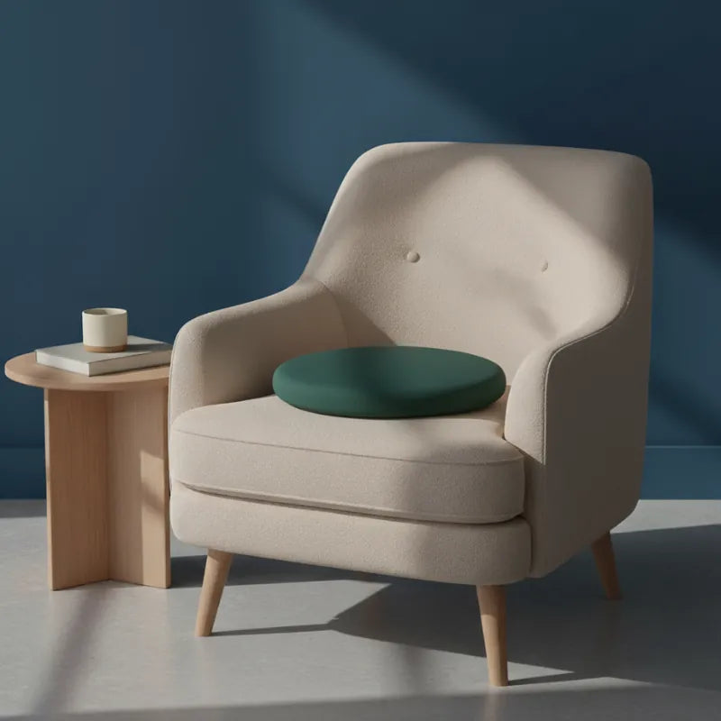 Coussin ergonomique rond vert foncé sur fauteuil beige, en mousse mémoire de forme. Mise en scène élégante et apaisante avec table design et mur bleu en arrière-plan.