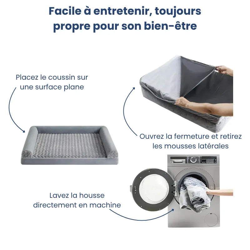Guide entretien coussin ergonomique chien 2XL, housse amovible lavable en machine pour un couchage toujours propre et sain.