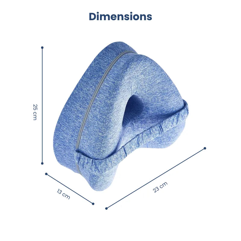 Dimensions en centimètres du coussin ergonomique entre les jambes bleu ciel illustrant la taille et la forme du produit