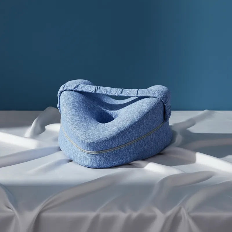 Coussin ergonomique entre les jambes bleu ciel posé sur drap gris perle, fond bleu uni et éclairage doux