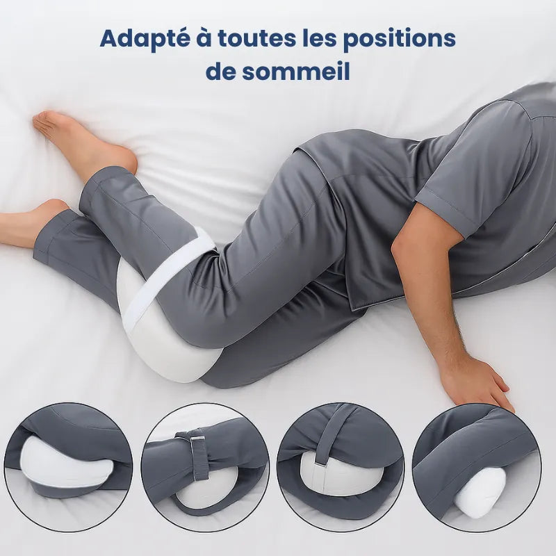 Coussin ergonomique entre les jambes bleu foncé, position latérale pendant le sommeil, montre le maintien entre les cuisses et le confort nocturne