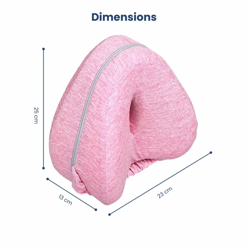 Vue du coussin ergonomique entre les jambes rose avec ses dimensions détaillées en centimètres