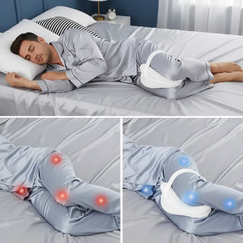 Illustration d’un homme dormant sur le côté utilisant un coussin ergonomique entre les jambes rouge pour un meilleur alignement