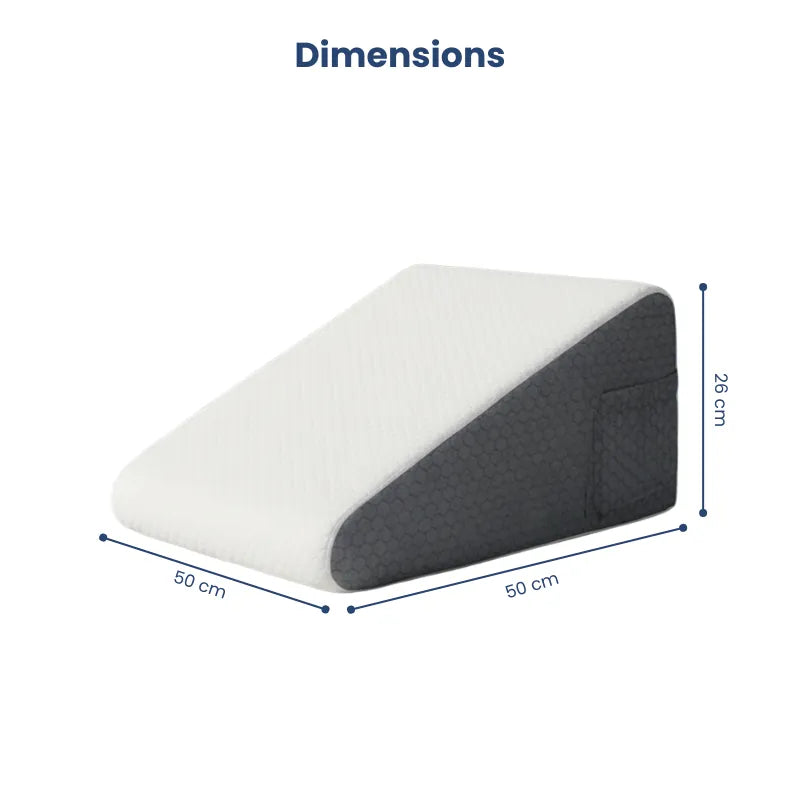 Schéma illustrant les dimensions du coussin ergonomique pour jambes 50x50 blanc et gris, hauteur 26 cm, longueur 50 cm