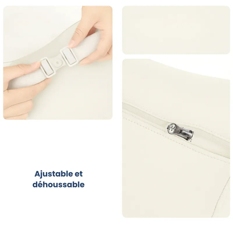 Coussin ergonomique voiture set duo beige vu de près, illustrant la sangle ajustable et la housse déhoussable avec fermeture éclair