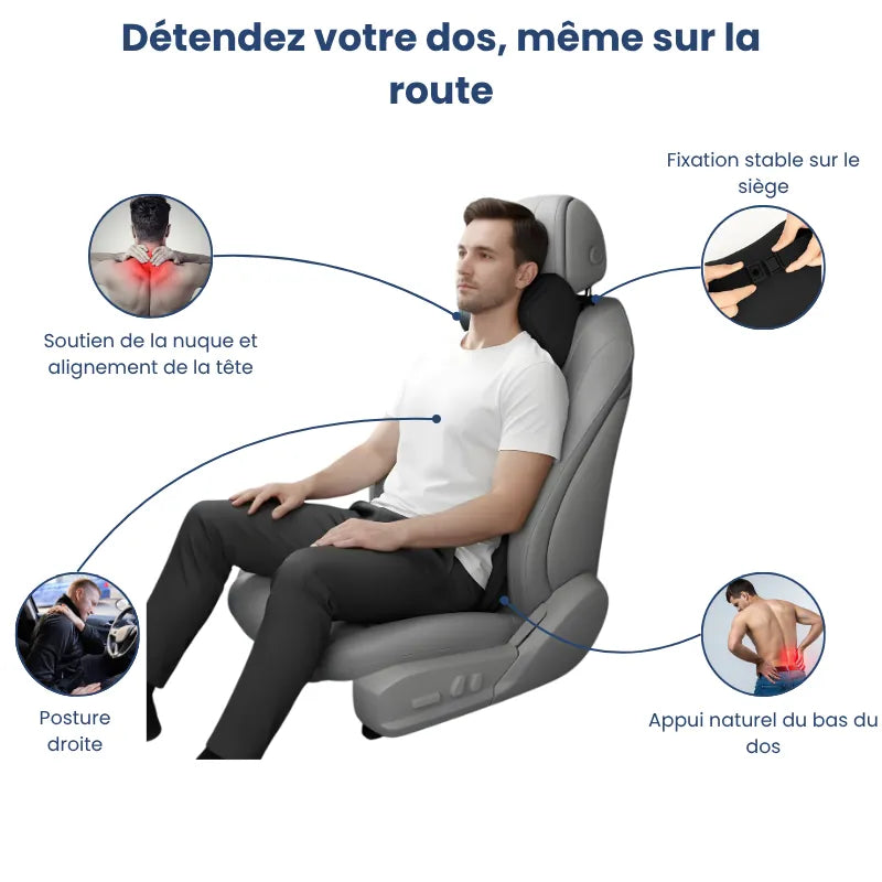 Homme assis sur un siège auto gris perle avec un coussin ergonomique voiture set duo noir. Illustration d’une posture droite avec soutien de la nuque et appui lombaire en voiture