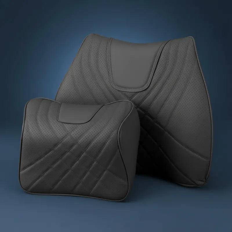 coussin ergonomique voiture cervical et lombaire – set duo – noir sur fond bleu premium