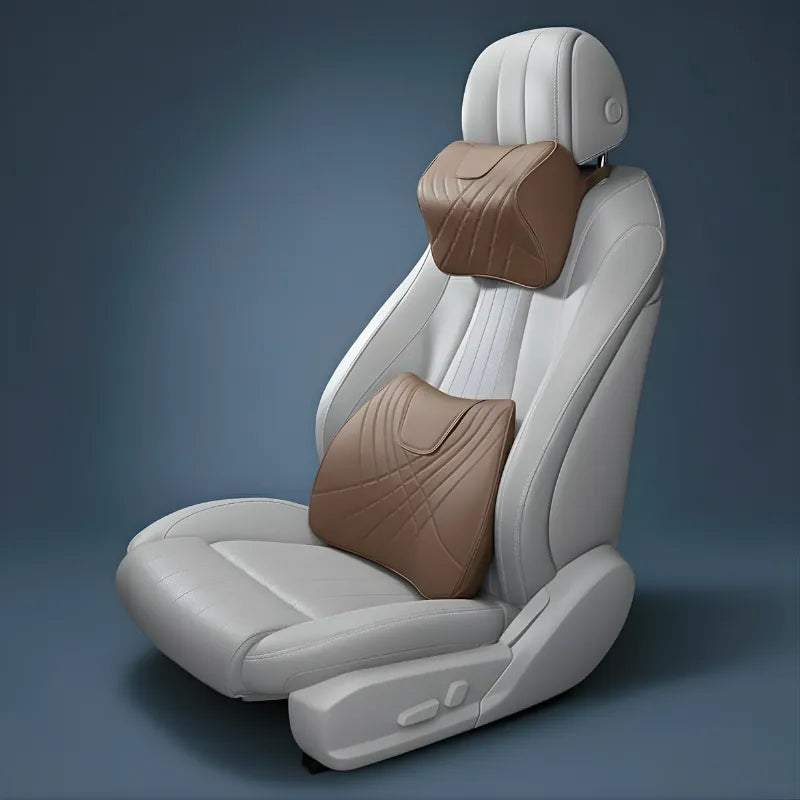 coussin ergonomique voiture cervical et lombaire marron sur fond bleu, set duo ergonomique haut de gamme