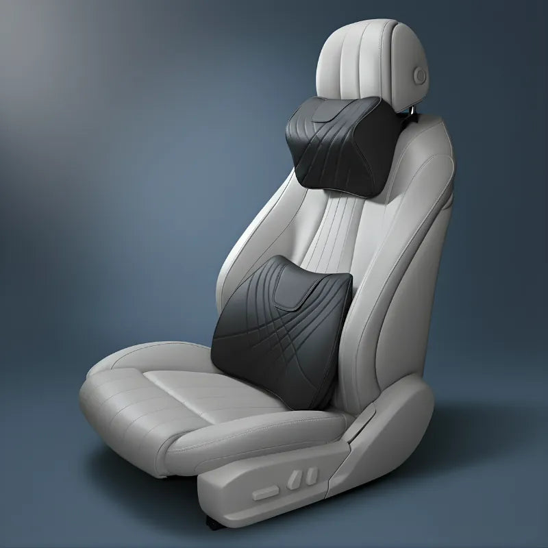 coussin ergonomique voiture cervical et lombaire noir posé sur fond bleu, set duo appui-tête et lombaire