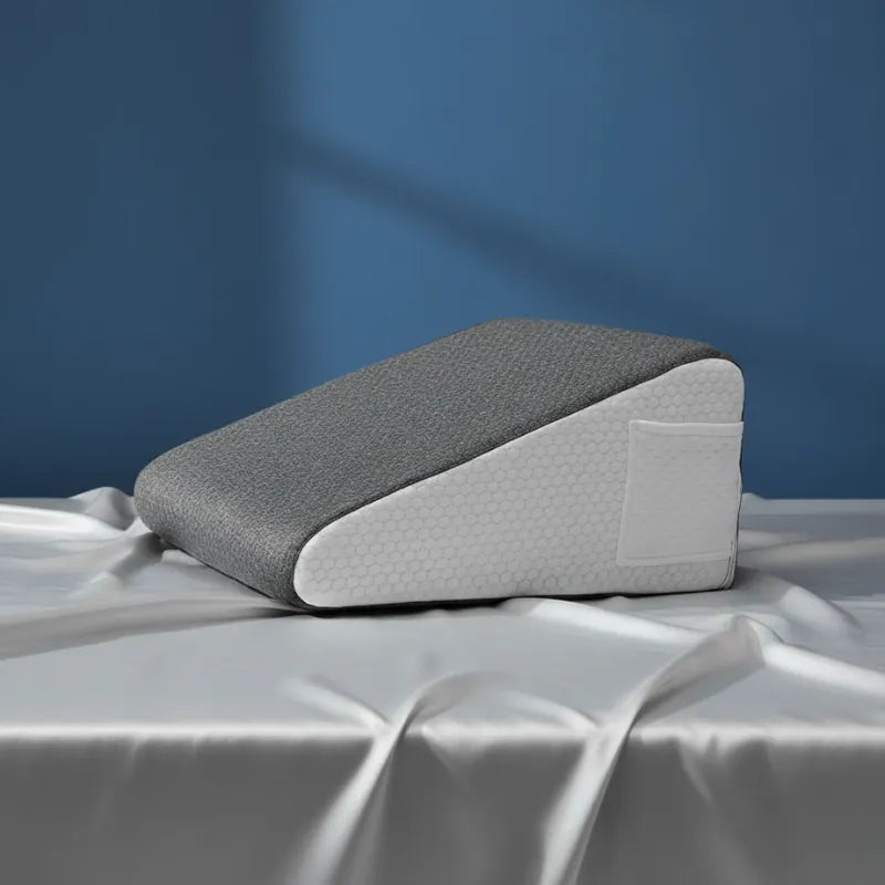 Oreiller ergonomique carré 50x50 gris et blanc sur drap satiné gris perle, fond bleu profond, lumière naturelle douce