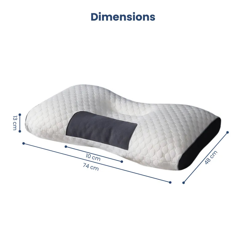 vue technique de l’oreiller ergonomique cervical 50x70 13 cm avec ses dimensions affichées sur fond blanc