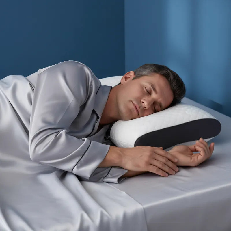 homme européen dormant sur le côté avec un oreiller ergonomique cervical 50x70 13 cm sur drap satiné gris perle, mur bleu profond