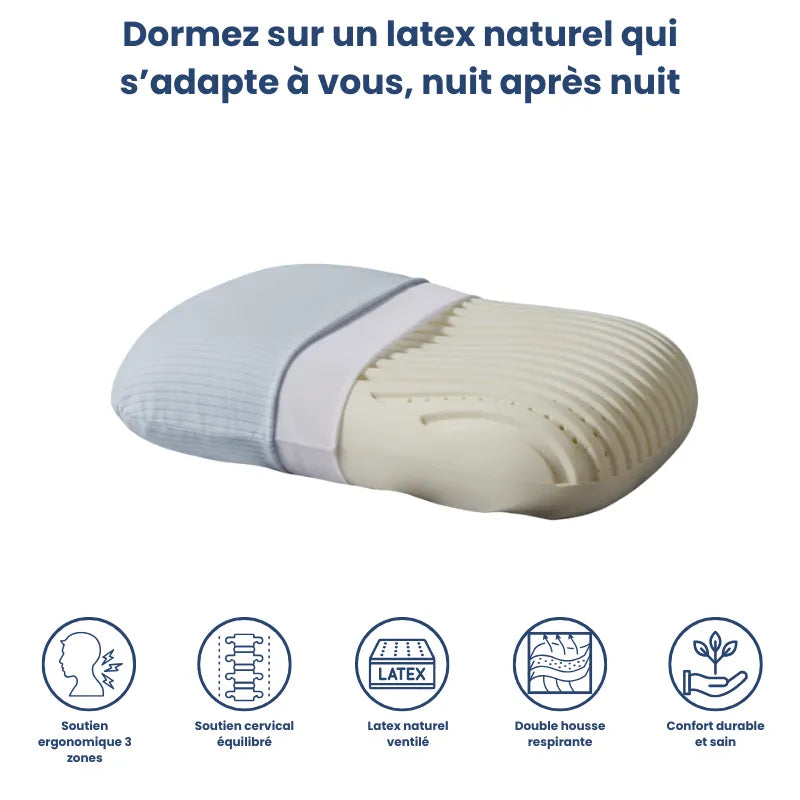 Oreiller ergonomique en latex naturel bleu sur fond bleu profond, avec pictogrammes des principales caractéristiques et drap satiné gris perle