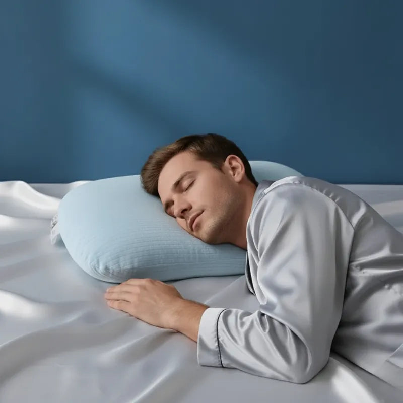 Homme dormant sur un oreiller ergonomique en latex naturel bleu, illustrant la position de sommeil latérale et le soutien équilibré de la tête et de la nuque