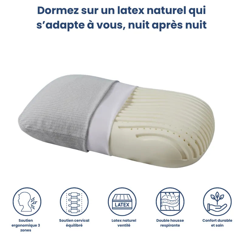 Oreiller ergonomique en latex naturel gris sur fond bleu profond, avec pictogrammes des principales caractéristiques et drap satiné gris perle