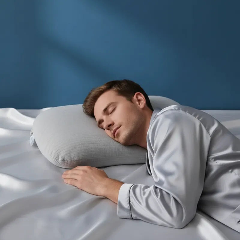 Homme dormant sur un oreiller ergonomique en latex naturel gris, montrant la posture de repos et l’appui ergonomique de la tête et du cou