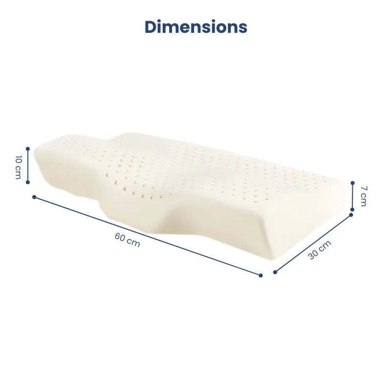 Vue des dimensions de l’oreiller ergonomique en latex naturel concave, montrant la longueur, la largeur et la hauteur du modèle