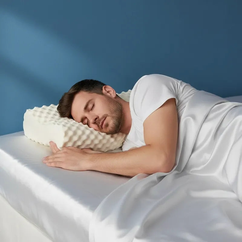 Homme endormi sur un oreiller ergonomique en latex naturel à reliefs, montrant la souplesse et le soutien de la variante Massage
