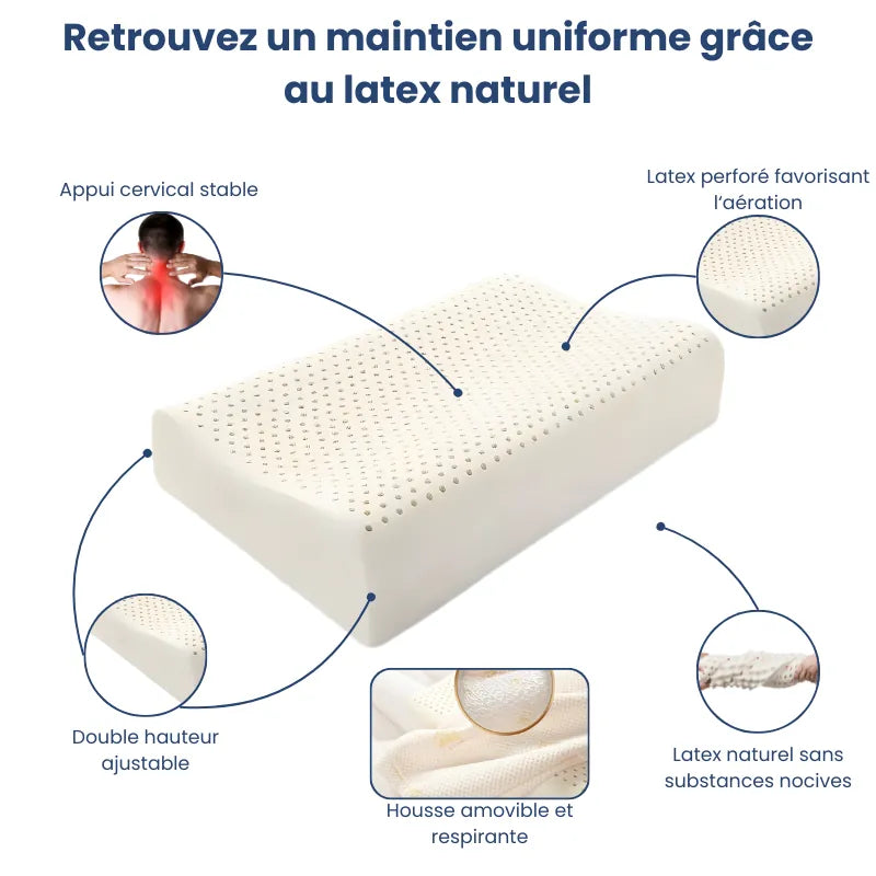 Fonctionnalités de l’oreiller en latex naturel surface plane, avec hauteur douce, ventilation et appui stable