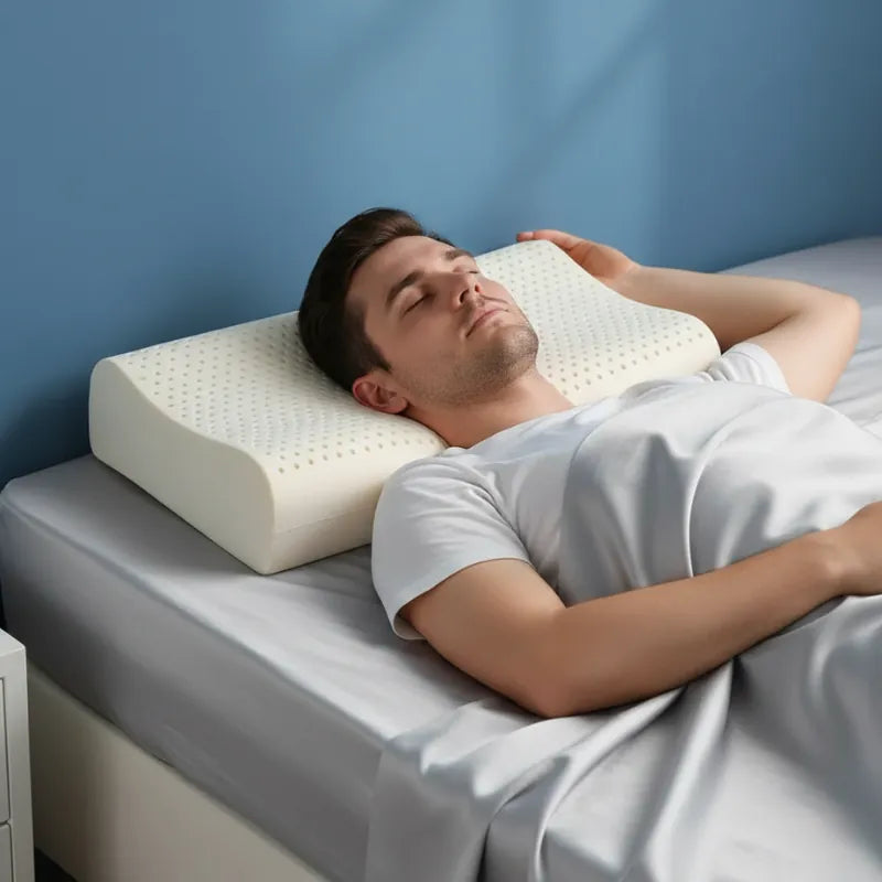 Homme dormant sur un oreiller ergonomique en latex naturel, modèle Plane, illustrant le soutien cervical et la forme incurvée