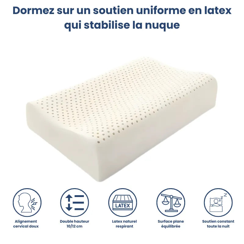 Visuel des pictogrammes de l’oreiller en latex naturel surface plane, double hauteur et soutien stable de la nuque
