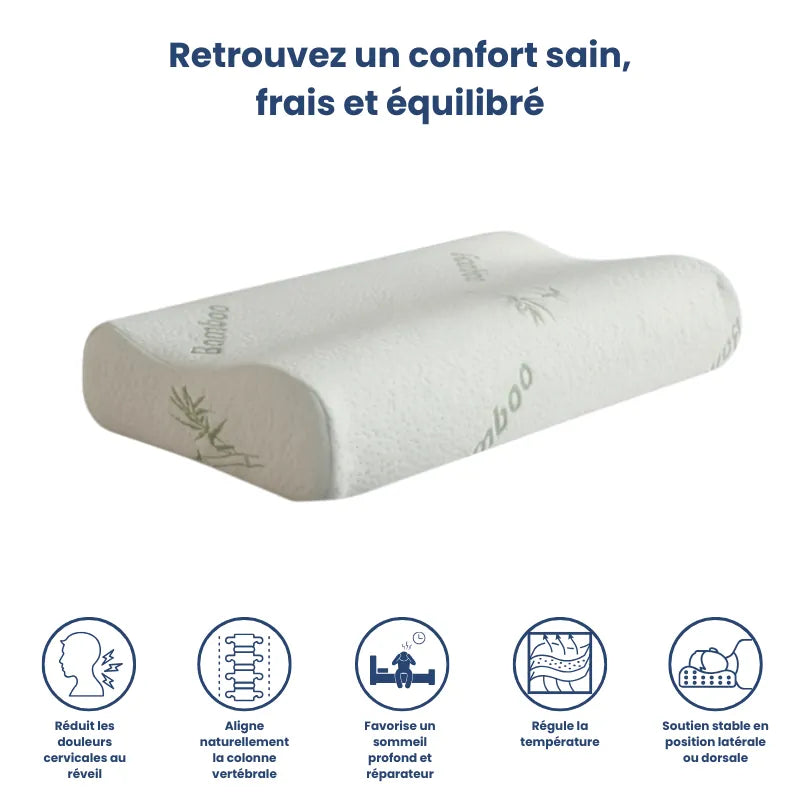 Oreiller à mémoire de forme bambou - bambou blanc illustré avec pictogrammes : soulage les cervicales, régule la température, favorise un sommeil réparateur, hypoallergénique et sain.
