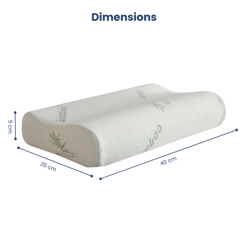 Oreiller à mémoire de forme bambou -bambou blanc illustré avec ses dimensions précises, indiquant la longueur, la largeur et l’épaisseur de l’oreiller.