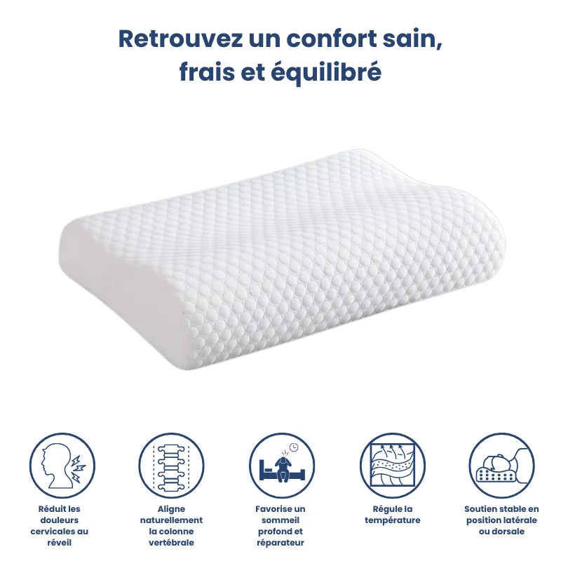 Oreiller à mémoire de forme bambou blanc avec pictogrammes : soulagement cervical, confort respirant, alignement naturel et sommeil profond.