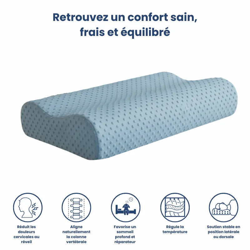 Oreiller à mémoire de forme bambou bleu avec pictogrammes : soulage les douleurs cervicales, favorise la détente, régule la température et améliore la qualité du sommeil.