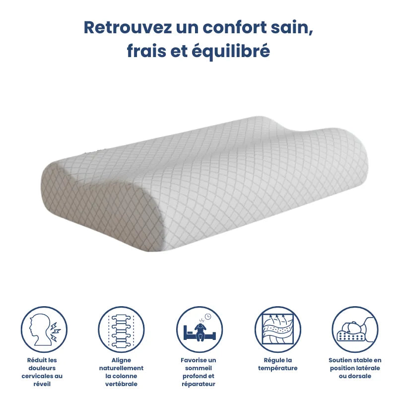 Oreiller à mémoire de forme bambou gris illustré avec pictogrammes : améliore le sommeil, réduit les tensions, régule la chaleur et favorise une posture saine.