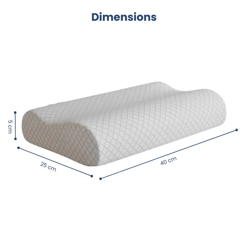 Oreiller à mémoire de forme bambou gris illustré avec ses dimensions, précisant longueur, largeur et épaisseur pour un soutien équilibré.