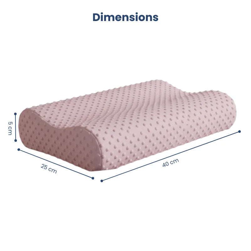 Oreiller à mémoire de forme bambou rose avec visuel indiquant ses dimensions détaillées, longueur, largeur et hauteur pour un ajustement optimal.