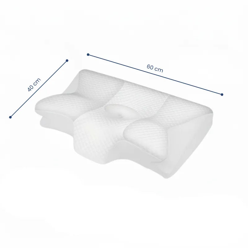 Oreiller a memoire de forme cervical blanc - schema des dimensions avec forme ergonomique pour un bon alignement cervical.