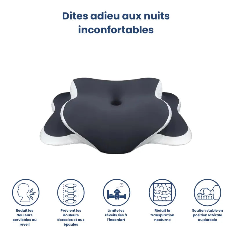 Oreiller memoire de forme douleur cervicale gris fonce mettant en avant les atouts ergonomiques, le soulagement des épaules et la stabilité du soutien nocturne