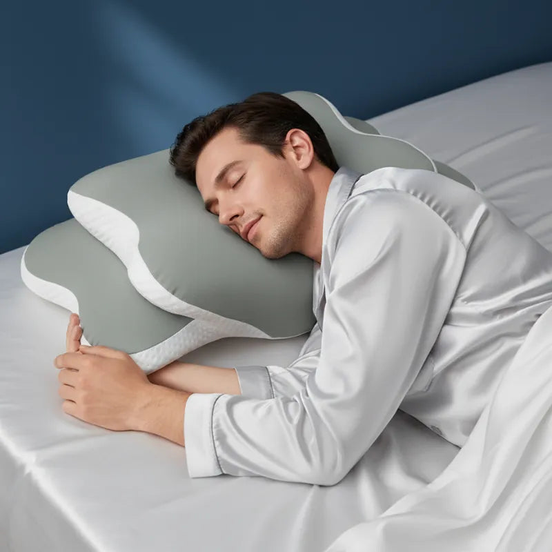 Homme dormant paisiblement sur un oreiller mémoire de forme douleur cervicale vert 40x65cm, sur drap gris perle devant un mur bleu profond, ambiance premium et naturelle