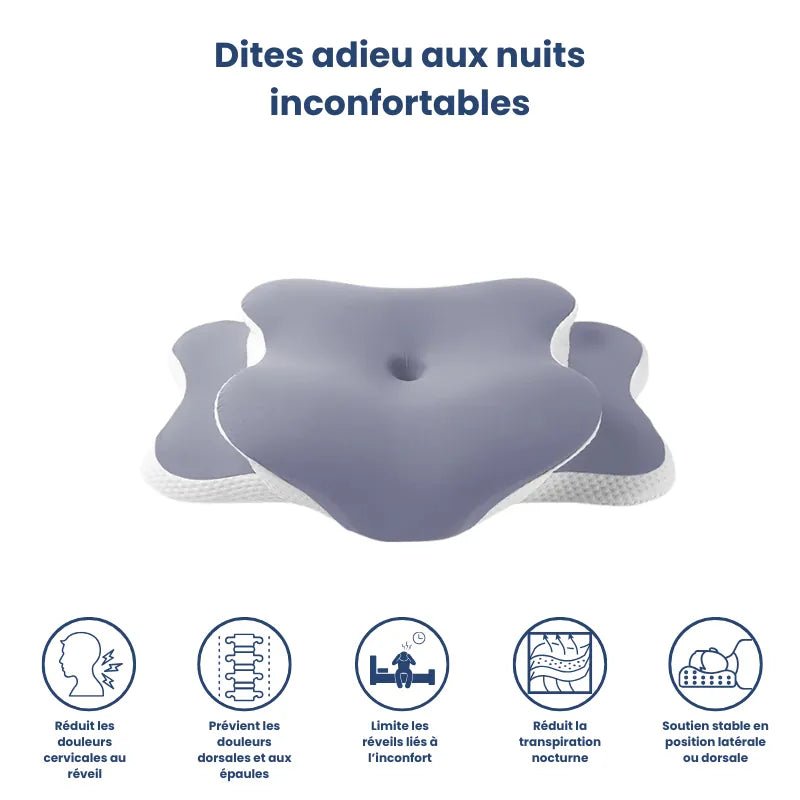 Oreiller mémoire de forme douleur cervicale violet illustrant les bénéfices du maintien cervical, de la réduction des douleurs et du confort respirant