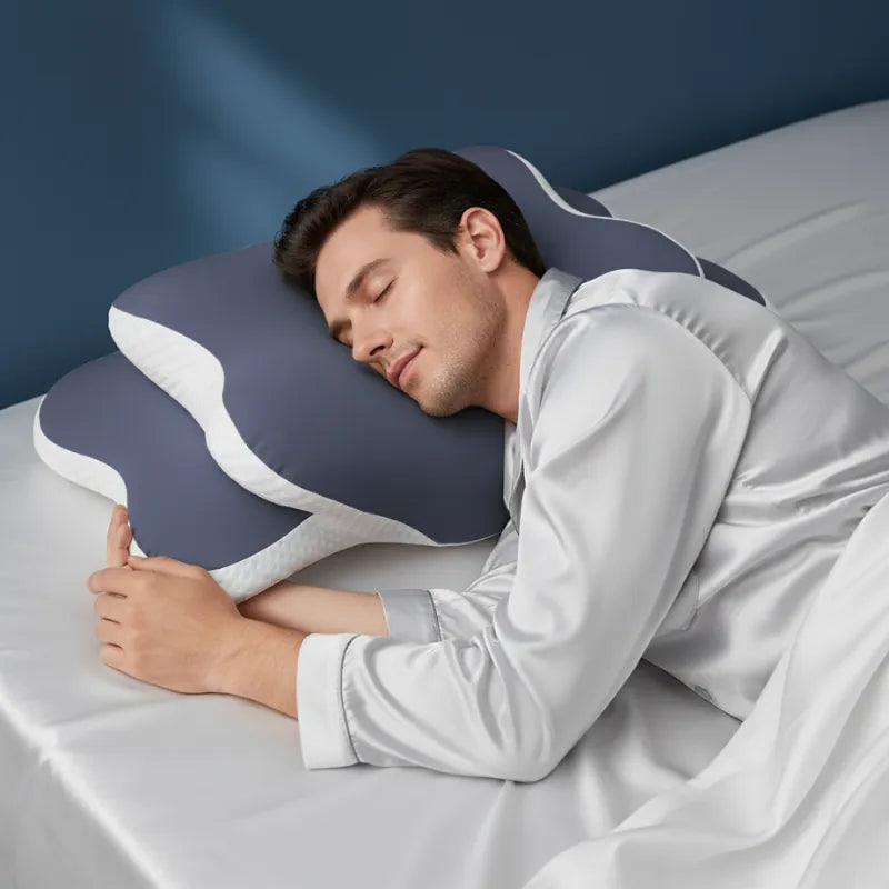 Homme dormant confortablement sur un oreiller mémoire de forme douleur cervicale violet, ambiance lumineuse et apaisante devant mur bleu et drap gris perle