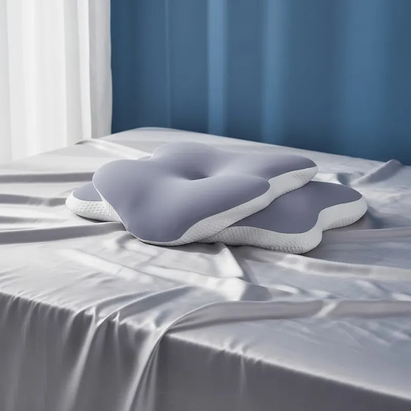 Oreiller mémoire de forme douleur cervicale violet sur un lit gris perle élégant devant un mur bleu profond et lumineux