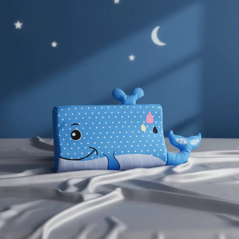 oreiller memoire de forme enfant baleine sur drap gris perle, fond bleu profond décoré d’étoiles et de lune, ambiance marine et apaisante