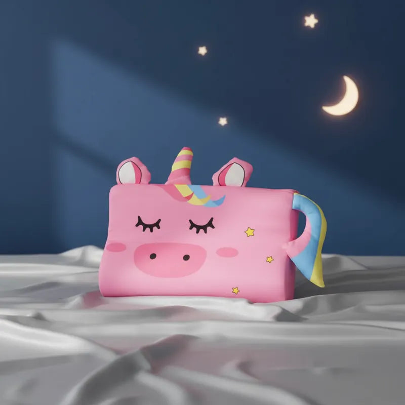 oreiller memoire de forme enfant licorne sur drap gris perle, fond bleu profond étoilé, univers féerique et apaisant