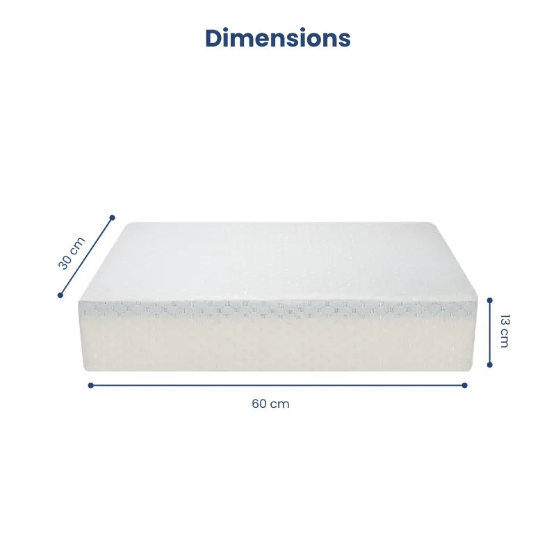 Oreiller mémoire de forme gel rafraichissant 60x30cm illustré avec ses dimensions 60 cm de long, 30 cm de large et 13 cm d’épaisseur, format cubique ergonomique sur fond clair, style premium et épuré.