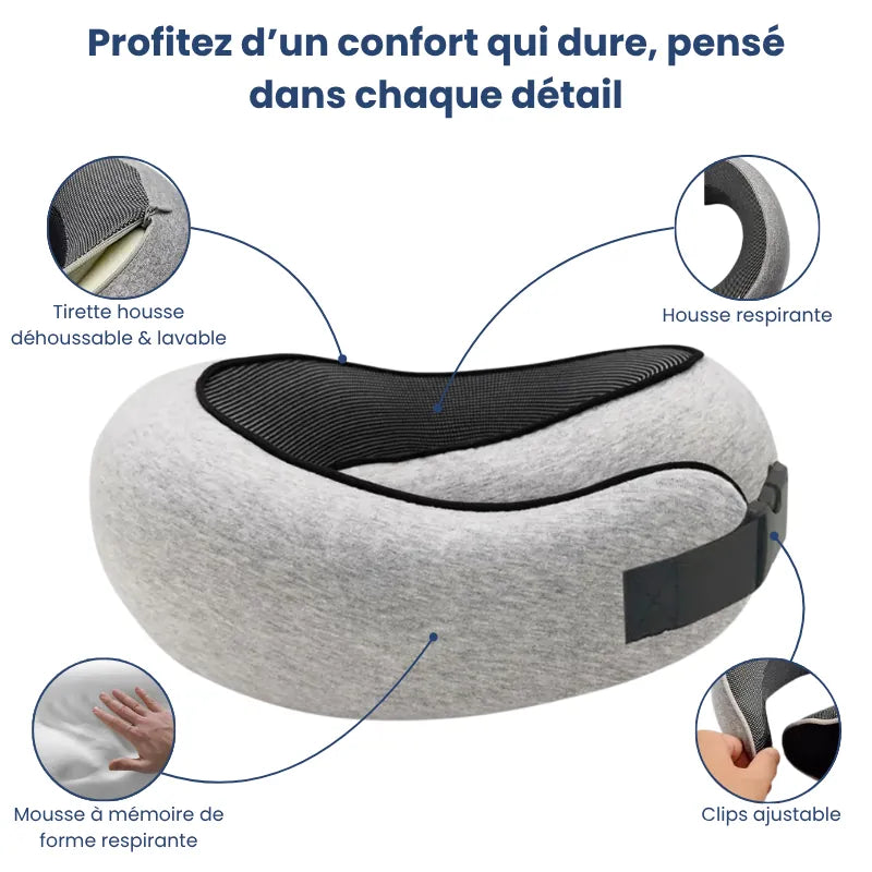Oreiller mémoire de forme voyage à clips ajustable gris clair avec mousse respirante, housse déhoussable et clips réglable, présentation des fonctionnalités principales