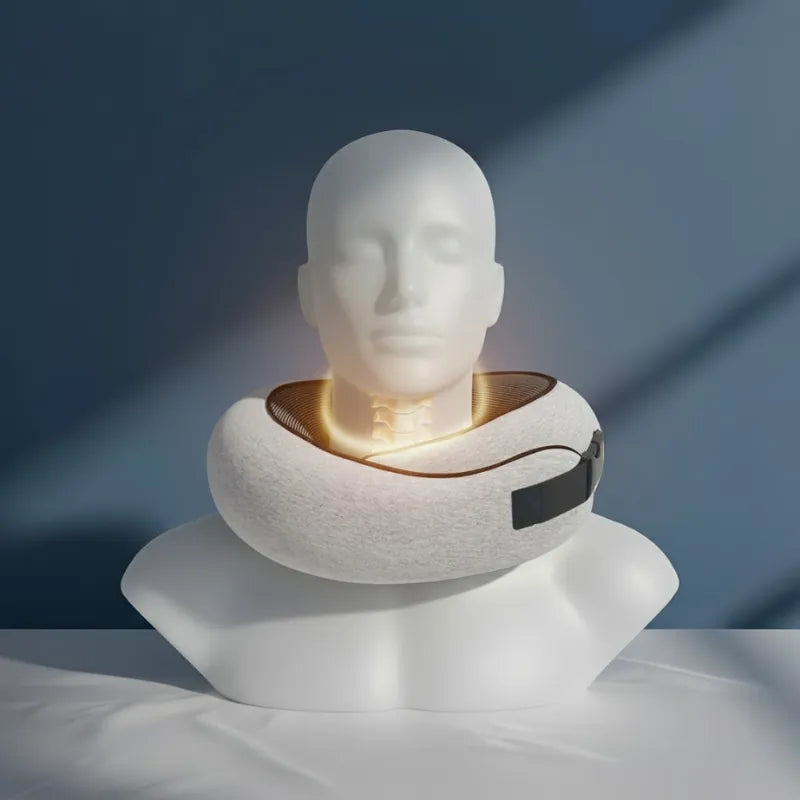 oreiller memoire de forme voyage gris clair avec clips ajustable, présenté sur mannequin, mur bleu profond et drap satiné gris perle